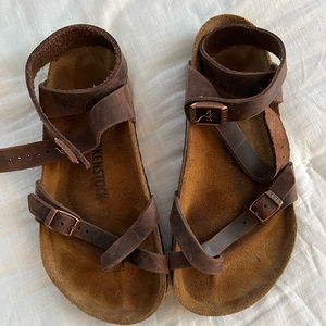 Birkenstock Yara sandals. Wrap around ankle strap. Brown